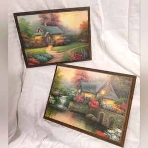 2 Vintage Art Prints, on Beveled Boards Country Scenery Cottage Waterfall 12x9"